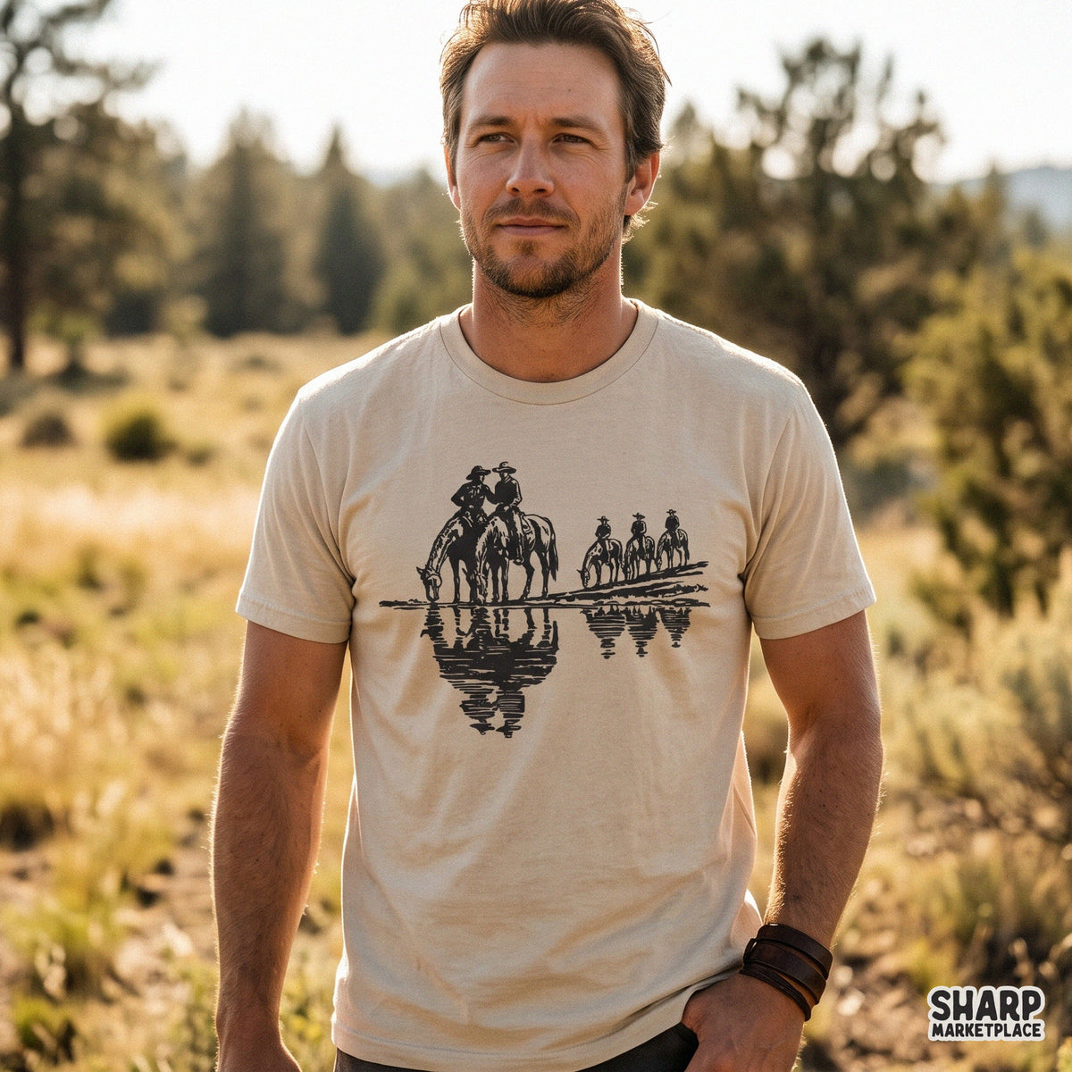 Monochrome woodcut vintage cowboys on horseback in water PNG graphic for western shirt sublimation