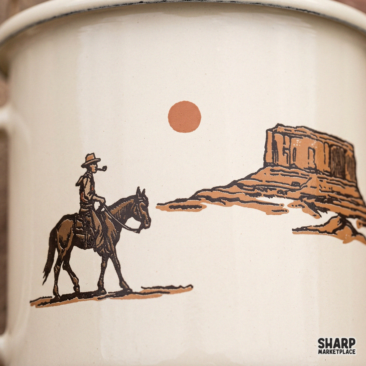 Vintage cowboy riding a horse in a desert landscape western png graphic for t-shirts and apparel