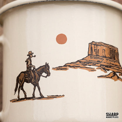 Vintage cowboy riding a horse in a desert landscape western png graphic for t-shirts and apparel