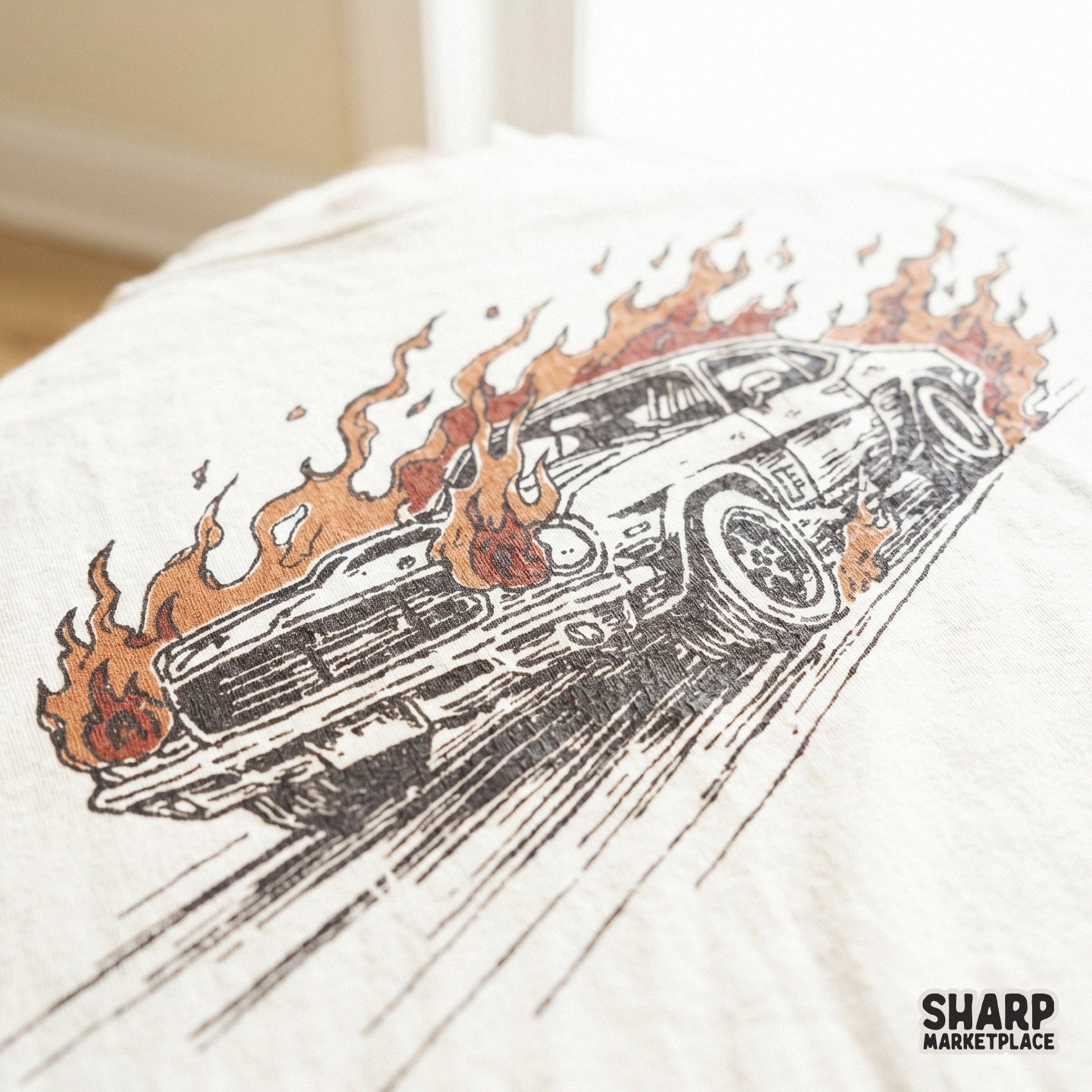 Distressed vintage muscle car design with stylized flames and speed lines, ideal for custom t-shirts, stickers, and automotive-themed crafts.