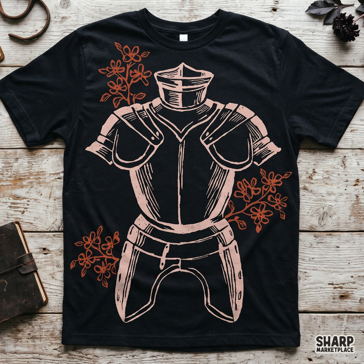 Gothic knight helmet and plate armor with rust flowers dark fantasy sublimation PNG for shirt prints