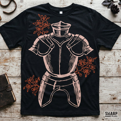 Gothic knight helmet and plate armor with rust flowers dark fantasy sublimation PNG for shirt prints