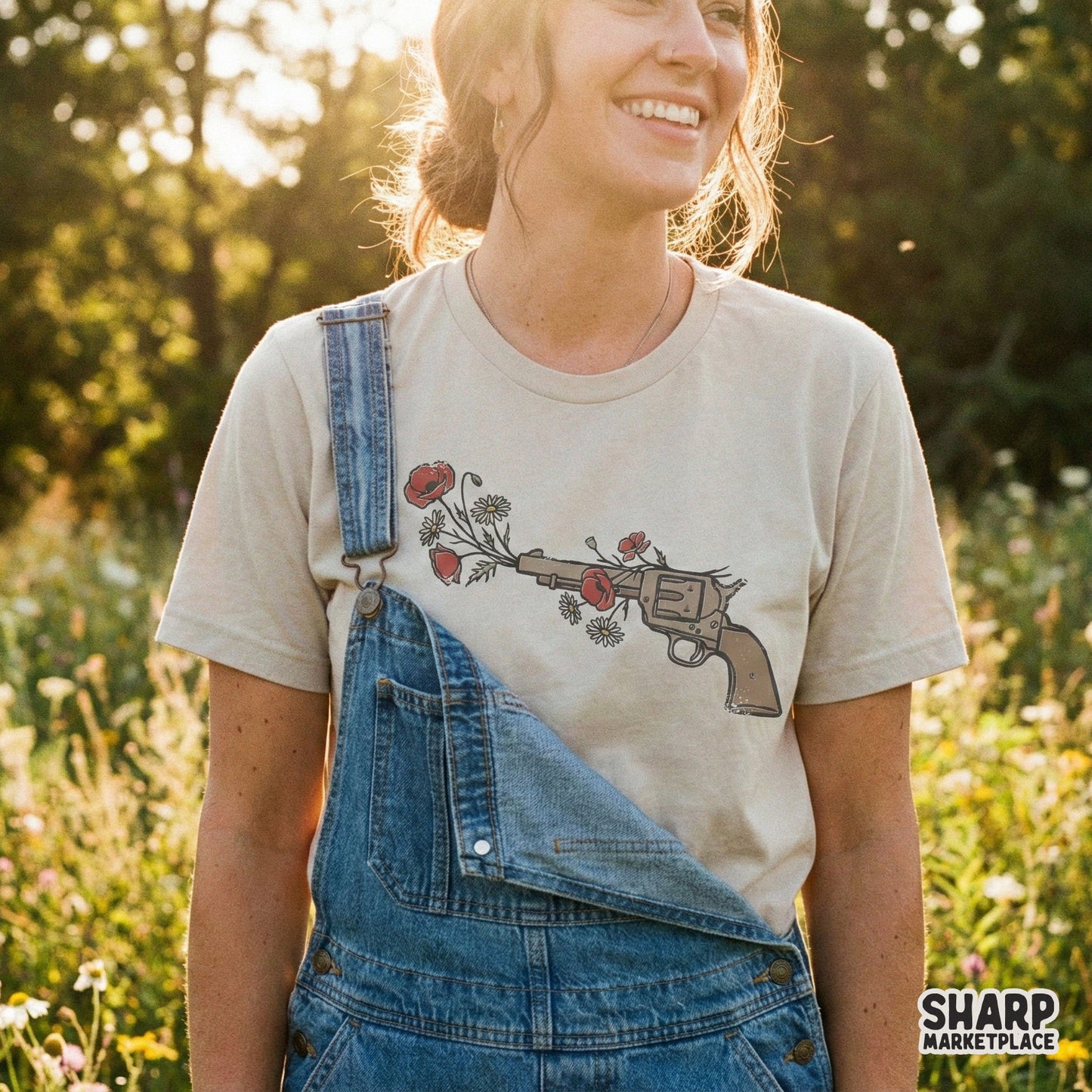 Boho Western Floral Gun PNG, Wildflower Pistol Design - 300 DPI Design