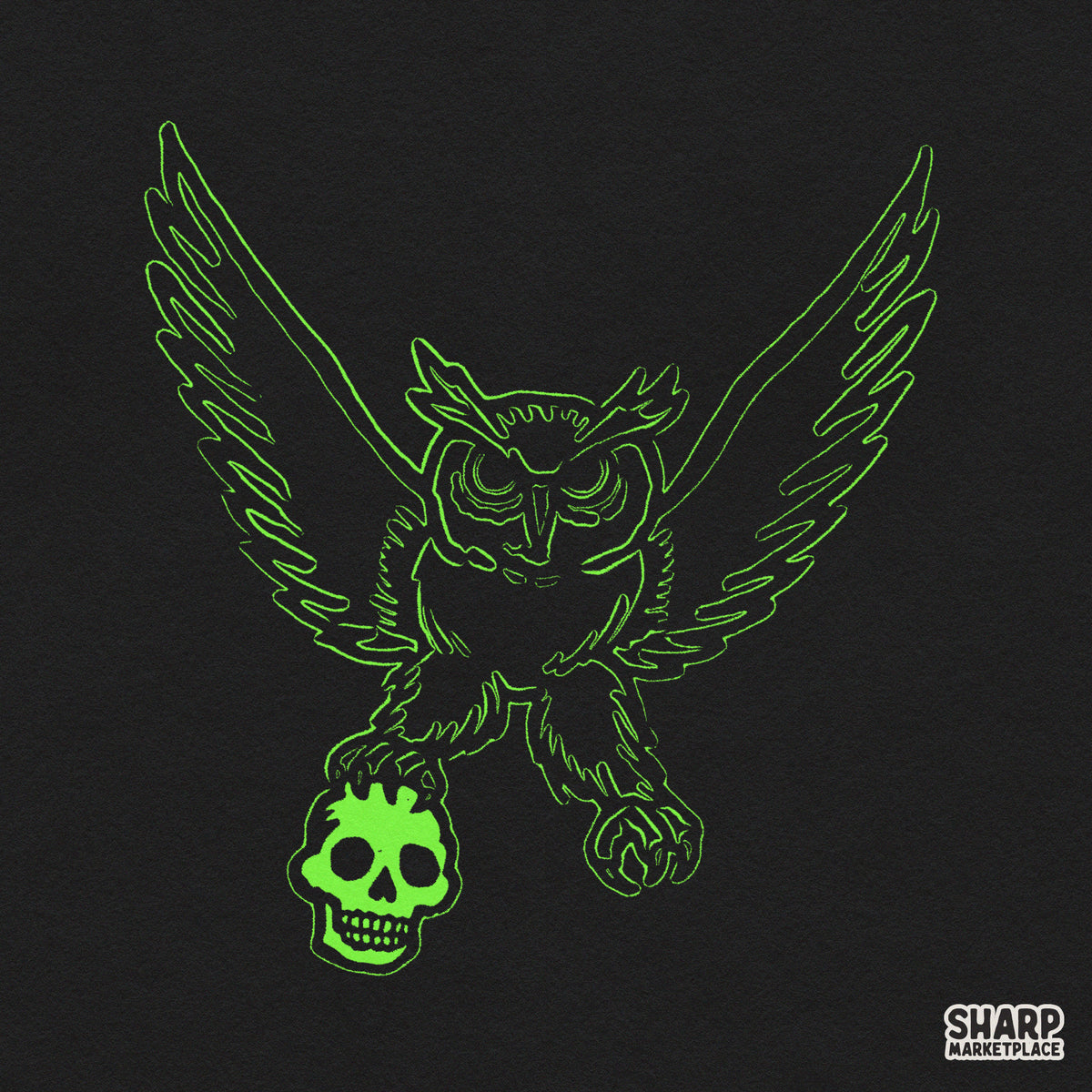 Fierce owl carrying a green skull in talons gothic streetwear clipart for spooky season Halloween t-shirt design