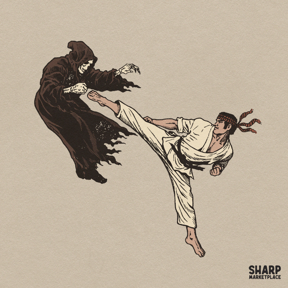 Retro martial arts jump kick grim reaper PNG design for Halloween t-shirts and spooky crafts