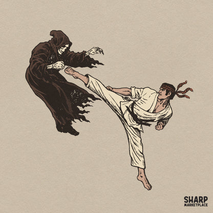 Retro martial arts jump kick grim reaper PNG design for Halloween t-shirts and spooky crafts