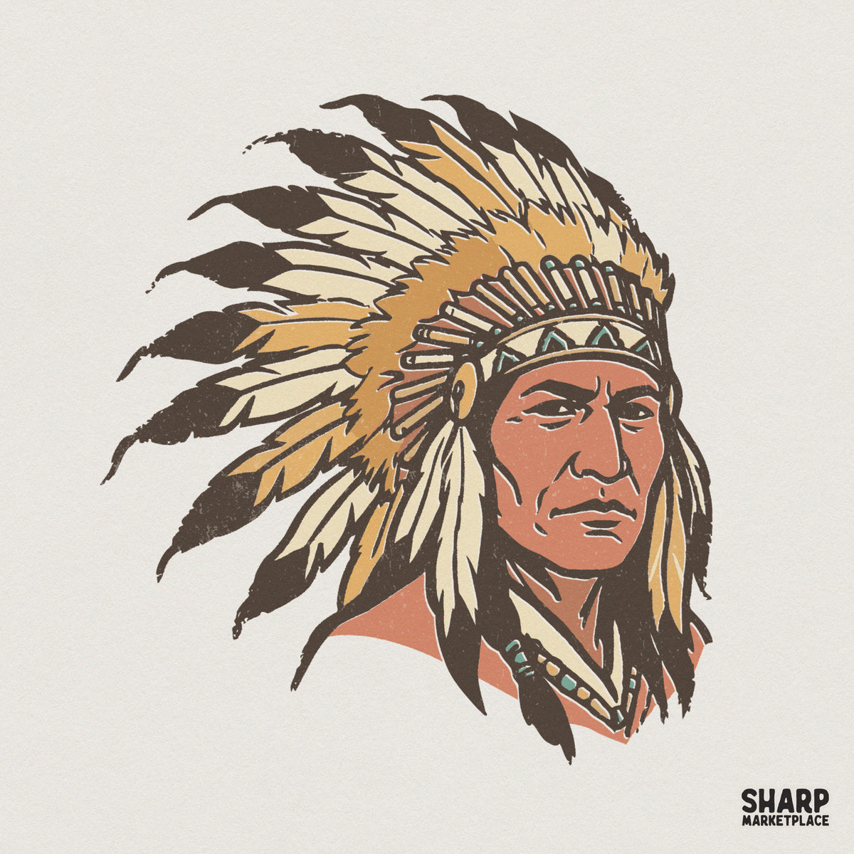Vintage style illustration of a Native American chief wearing a traditional feathered headdress in terracotta, ochre, and brown with a distressed texture.