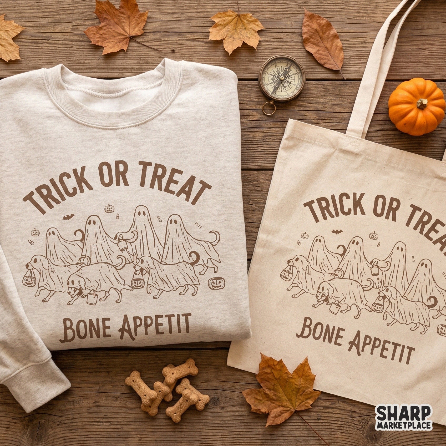 Retro ghost dogs Halloween PNG design with Bone Appetit text for spooky season shirts and dog mom apparel