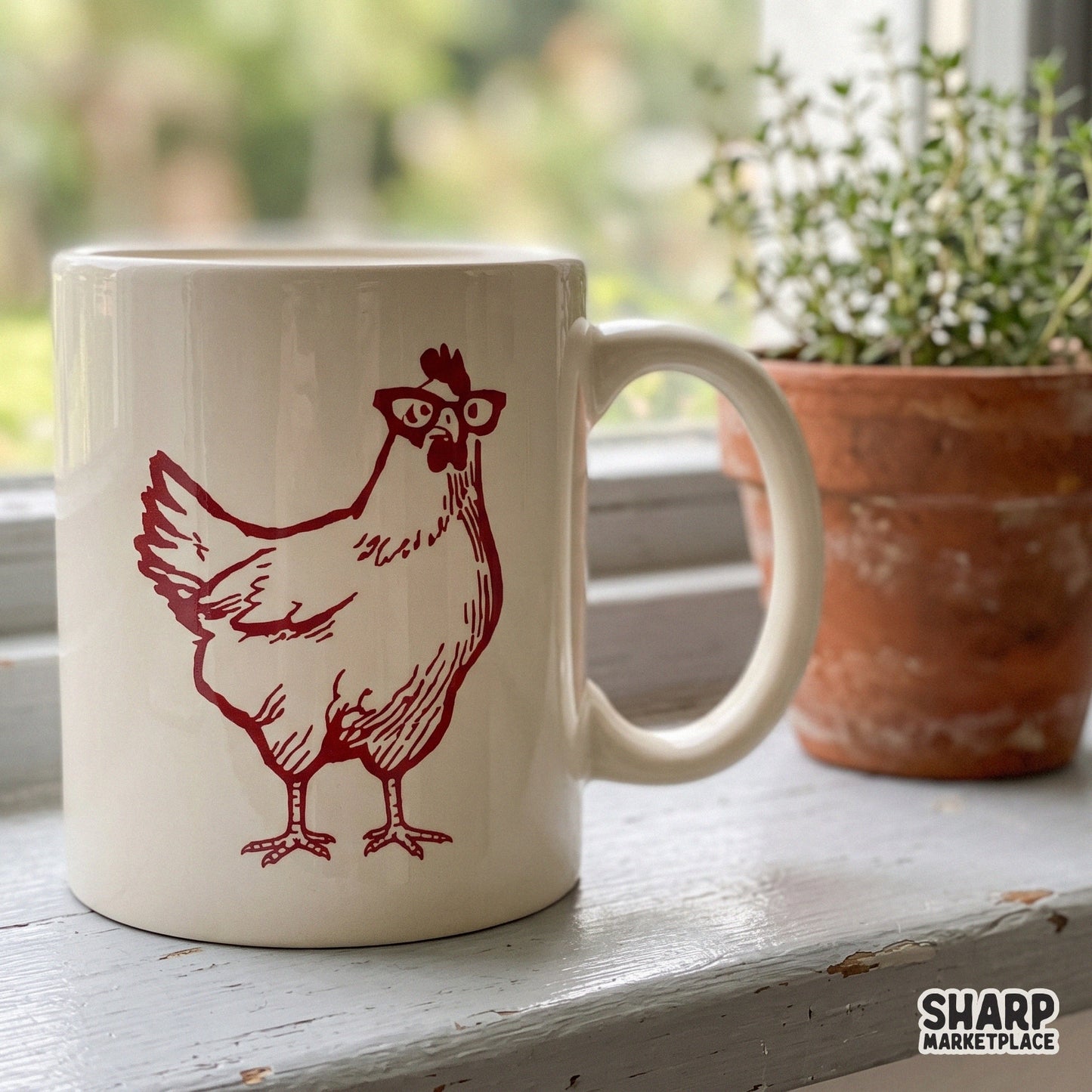 Nerdy chicken wearing glasses in a retro farm animal sublimation graphic for funny t-shirts and sarcastic animal memes
