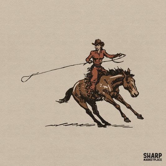 Vintage hand-drawn cowgirl riding a galloping horse with a lasso, rendered in earthy brown and red tones for Western-themed sublimation projects.