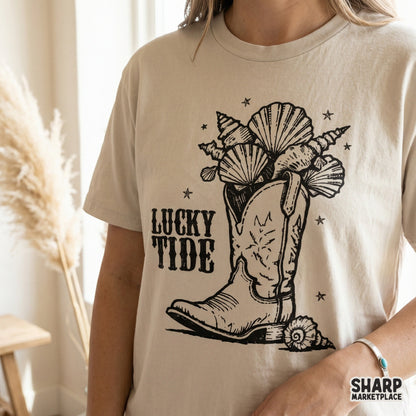 Hand-drawn monochromatic western boot design with nautical shell accents and stars, ideal for beach-themed stickers or custom apparel.