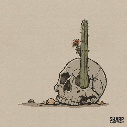 Hand-drawn desert skull with a green saguaro cactus growing from the eye socket, featuring a coral bloom in a dark western gothic art style.