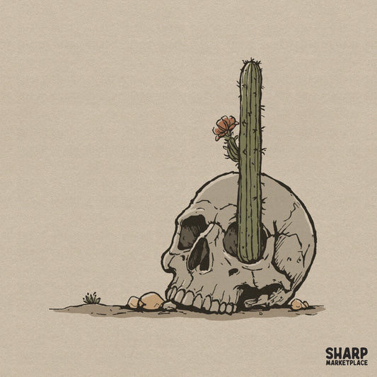 Hand-drawn desert skull with a green saguaro cactus growing from the eye socket, featuring a coral bloom in a dark western gothic art style.