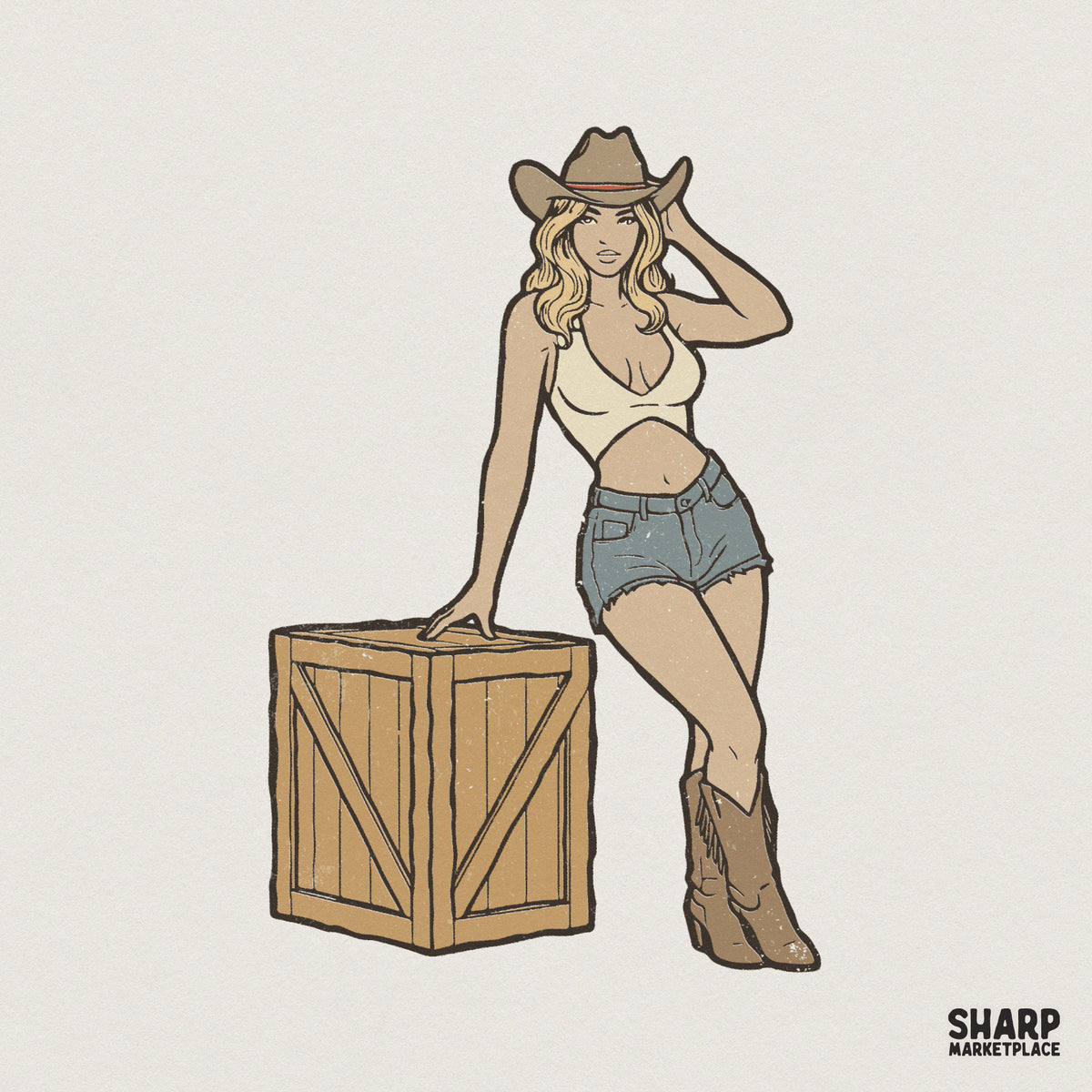 Vintage style pin-up cowgirl illustration leaning on a wooden crate, wearing a cowboy hat, white tank top, denim shorts, and boots for western apparel.