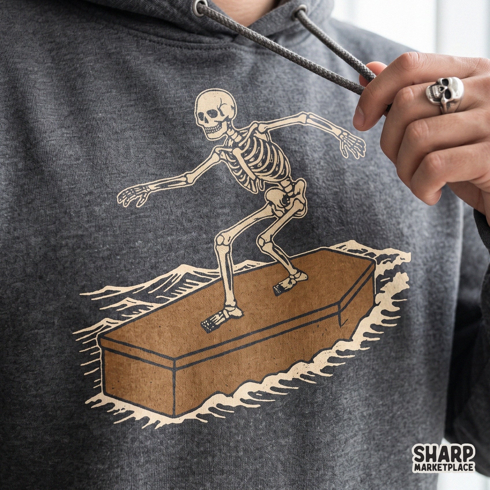 Vintage skeleton surfing on a coffin graphic for spooky summer shirt png designs