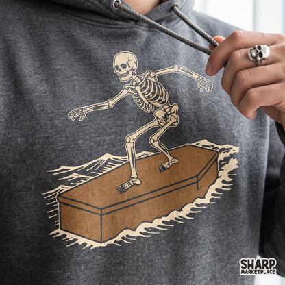 Vintage skeleton surfing on a coffin graphic for spooky summer shirt png designs
