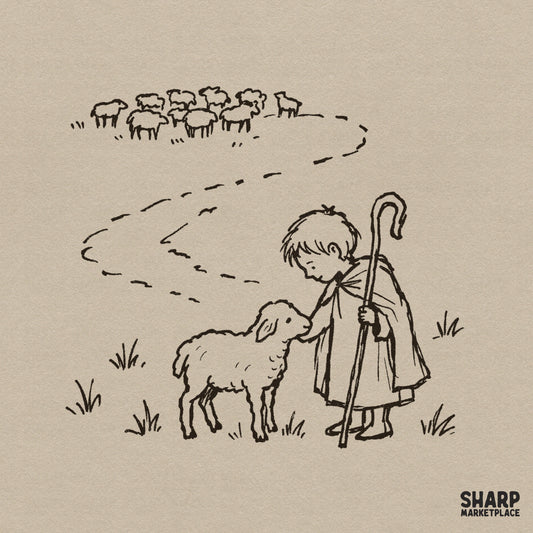 Vintage hand-drawn line art of a young shepherd with a crook and a lamb, with a path of hoofprints leading to a distant flock for faith-based apparel.