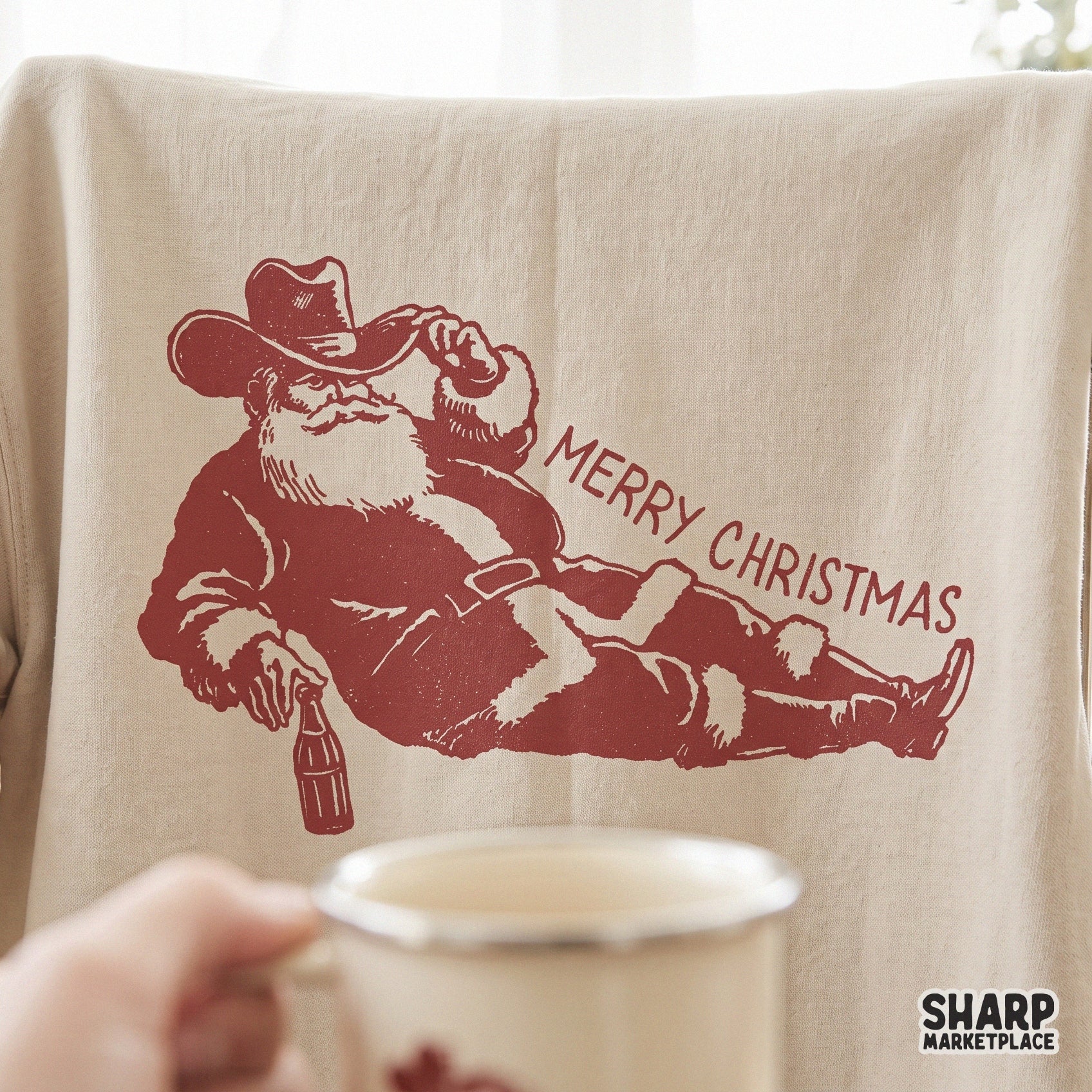 Funny lounging cowboy Santa drinking beer vintage retro western sublimation PNG for Christmas apparel and holiday decor