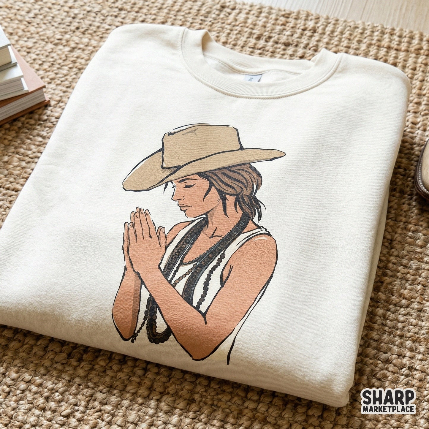 Praying Cowgirl Boho Western Portrait, Christian Png - 300 DPI Design for