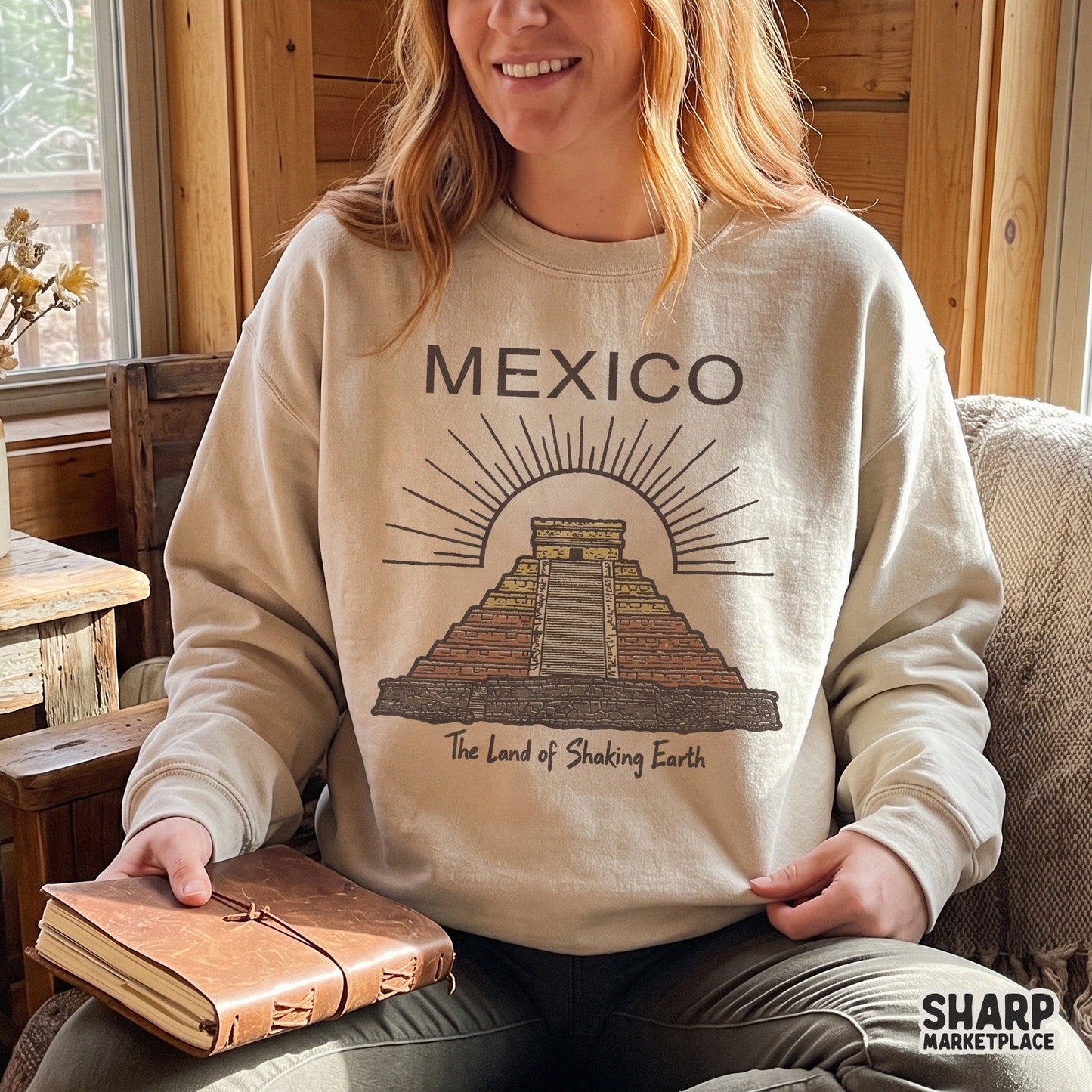 Vintage Mayan ruins and Mexico pyramid sublimation design for summer shirts and retro travel merch