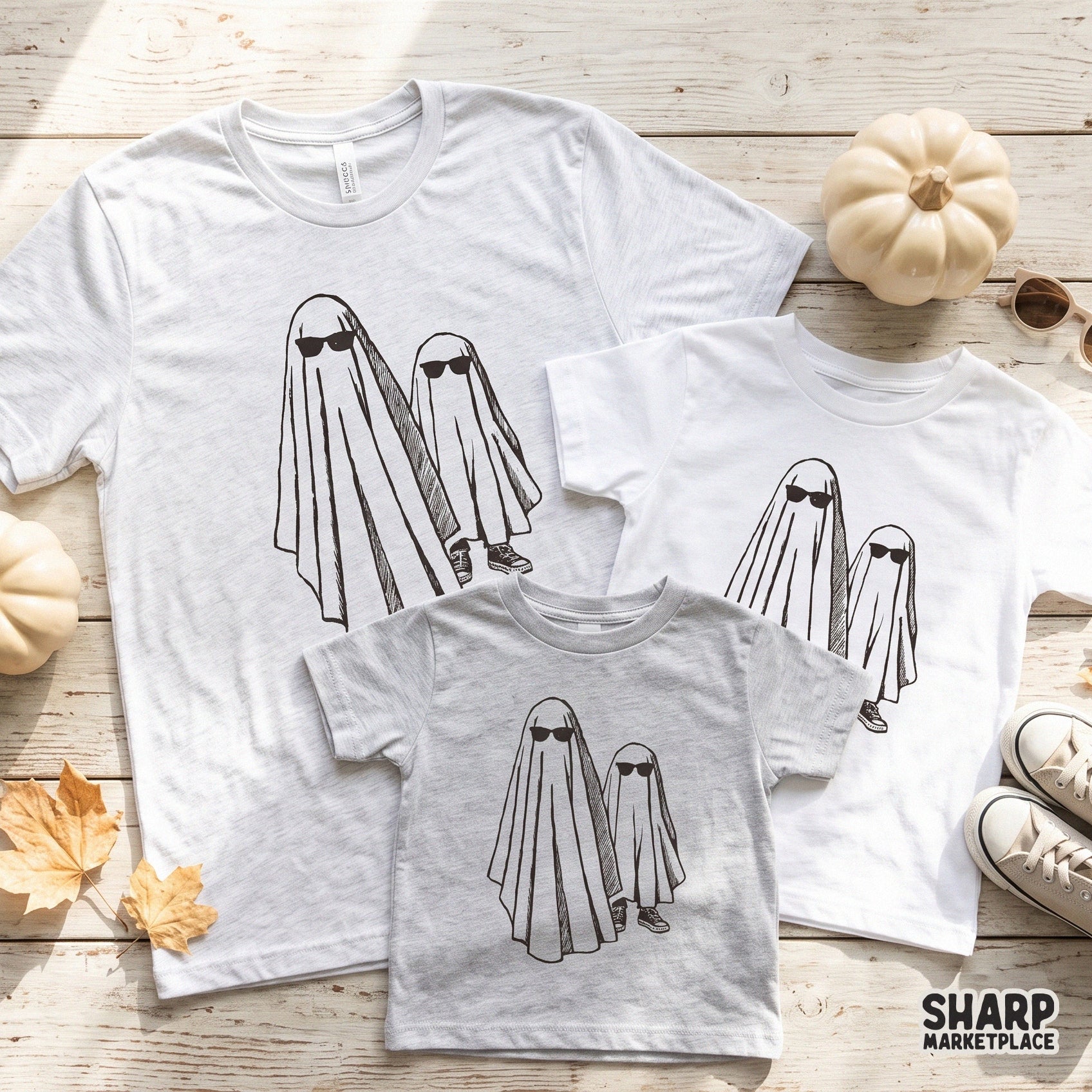 Retro retro halloween ghost wearing sunglasses for spooky season apparel and sublimation designs