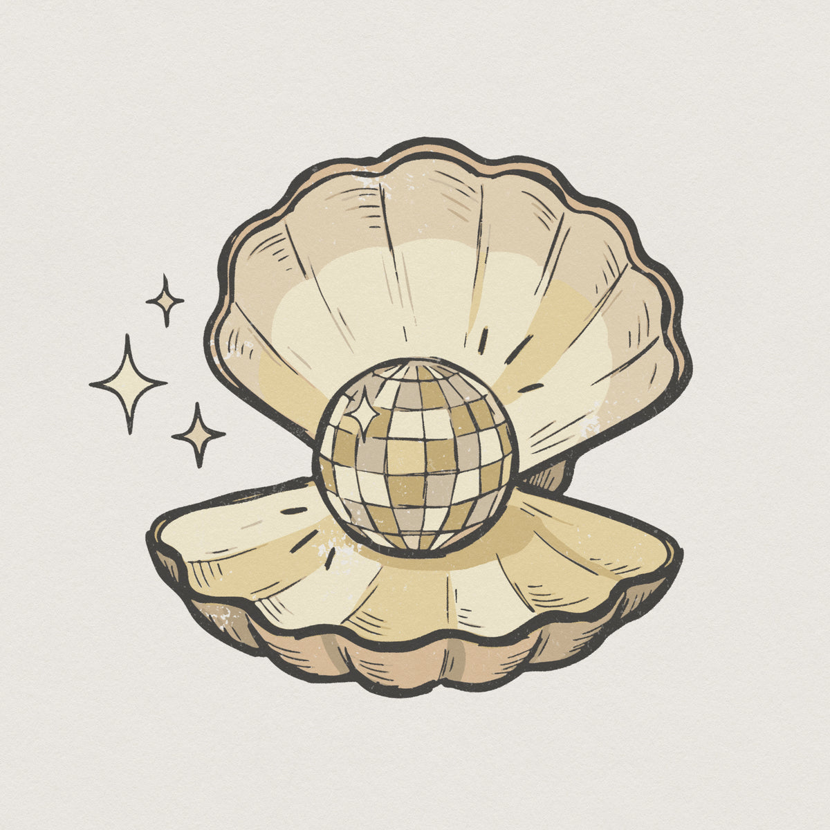 Vintage seashell illustration with a golden disco ball pearl inside, featuring a retro 70s beach aesthetic perfect for sublimation shirts and stickers.