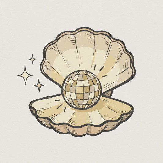 Vintage seashell illustration with a golden disco ball pearl inside, featuring a retro 70s beach aesthetic perfect for sublimation shirts and stickers.