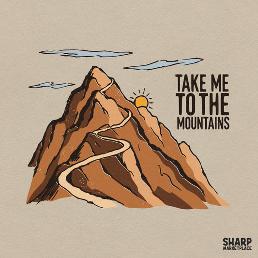 Hand drawn Take Me To The Mountains retro hiking PNG graphic design for outdoor adventure t-shirts and apparel