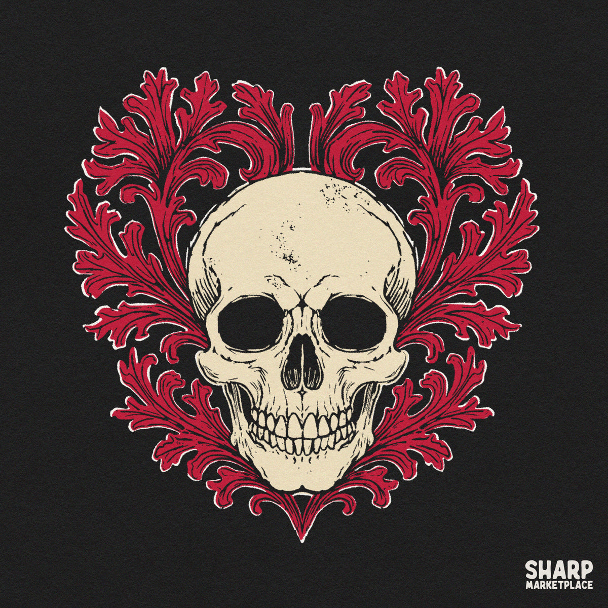 Vintage Gothic Skull Framed In Red Acanthus Leaf Filigree