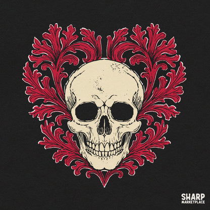 Vintage Gothic Skull Framed In Red Acanthus Leaf Filigree