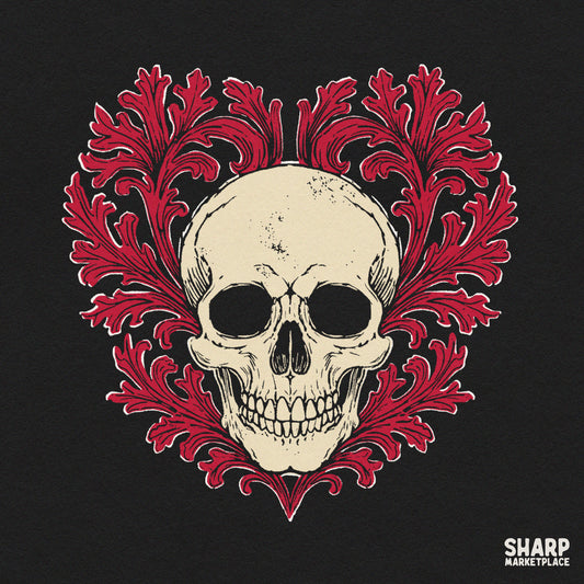 Vintage Gothic Skull Framed In Red Acanthus Leaf Filigree