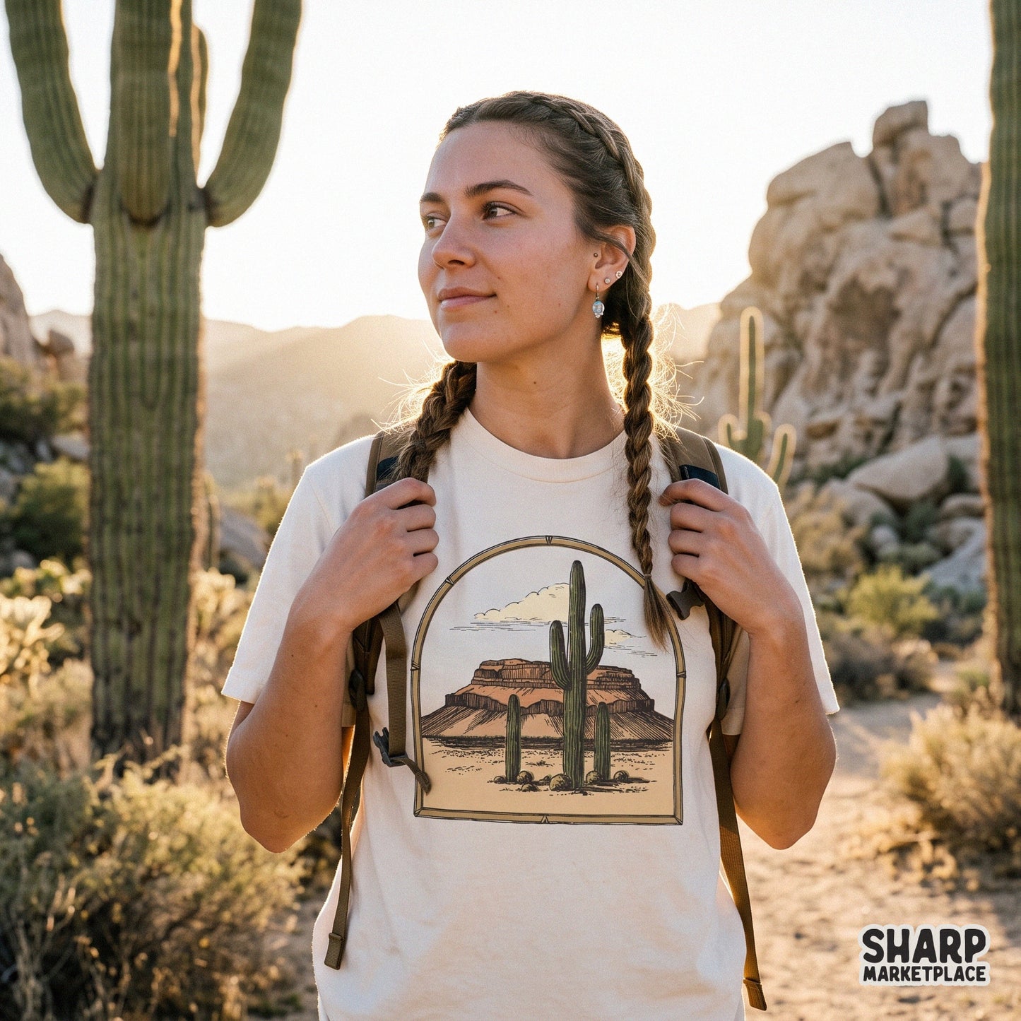 Vintage desert landscape with saguaro cacti and mesa view retro western png design for sublimation t-shirts