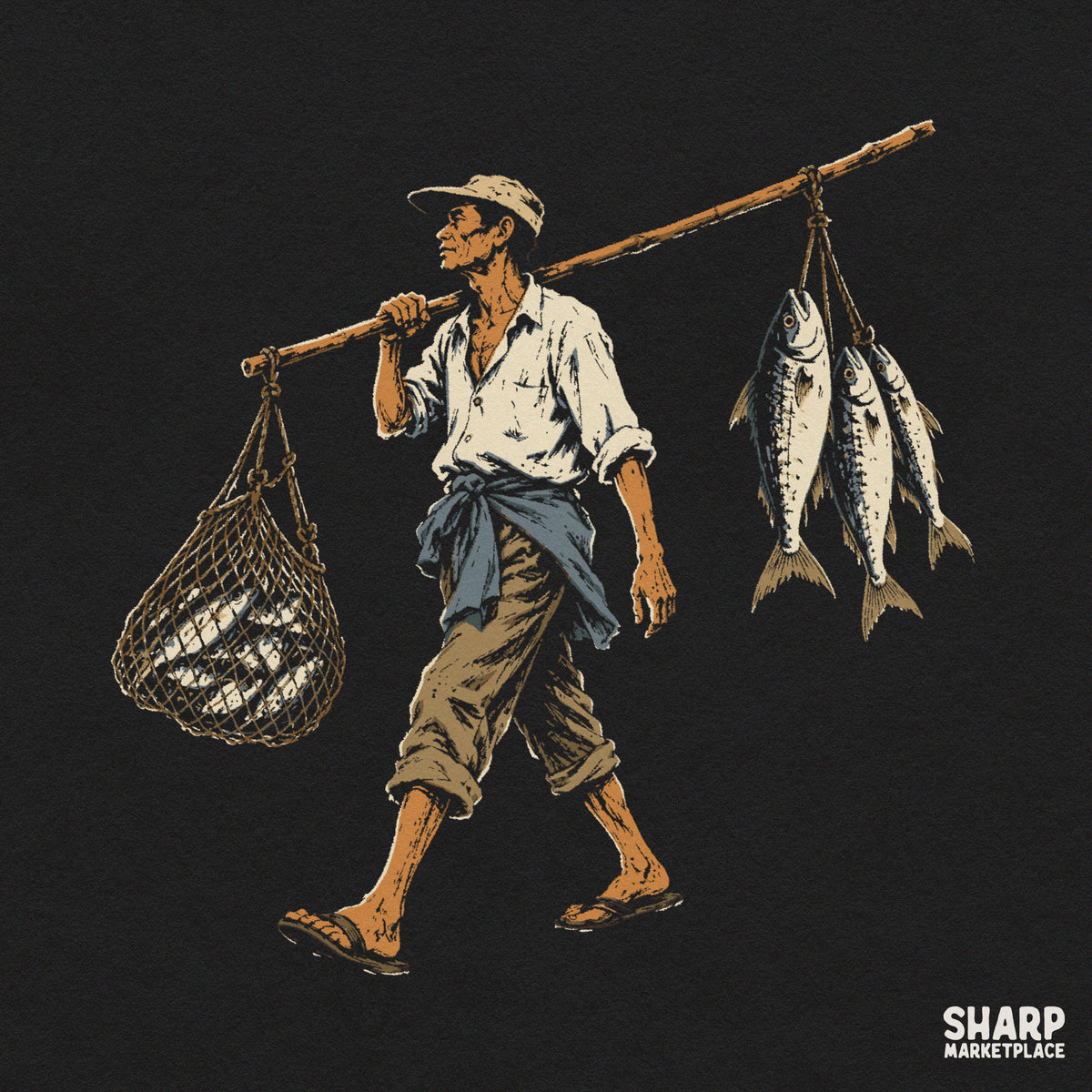 Vintage fisherman carrying a fish net and pole clipart design for Father's Day sublimation shirts