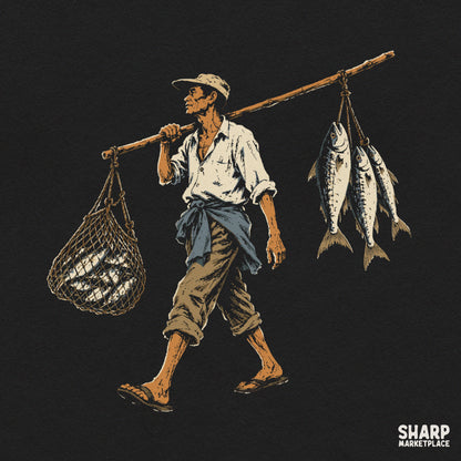 Vintage fisherman carrying a fish net and pole clipart design for Father's Day sublimation shirts