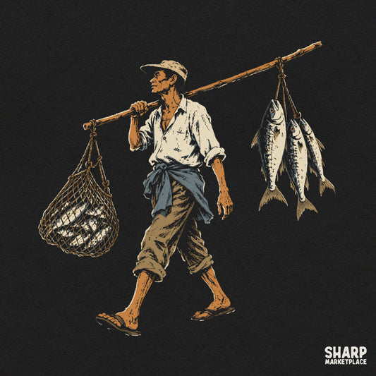 Vintage fisherman carrying a fish net and pole clipart design for Father's Day sublimation shirts