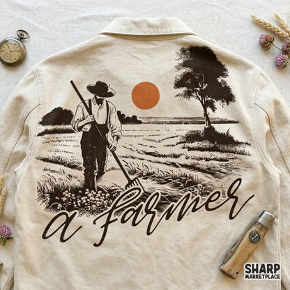Rustic harvest scene digital design showing a farmer working in a field with a lone tree and orange sun, displayed on a neutral fabric background.
