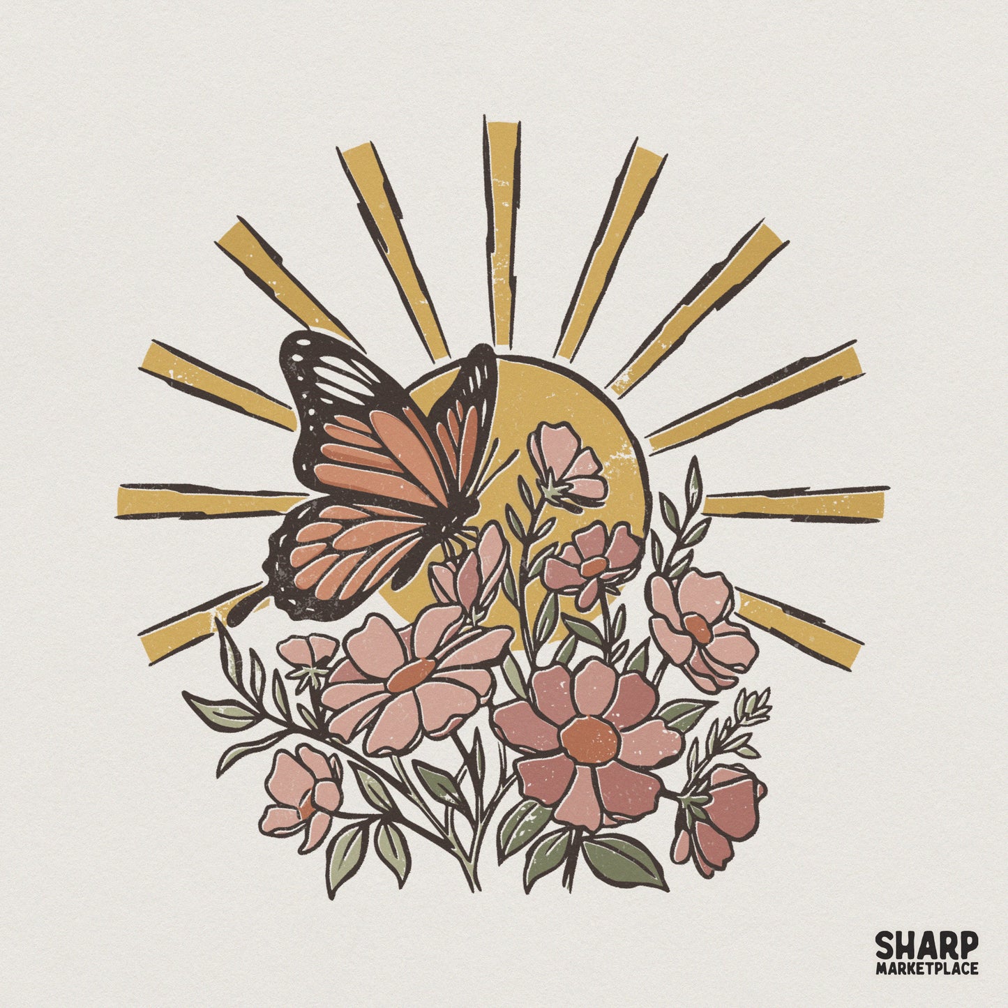 Retro boho butterfly and wildflower garden illustration with a distressed yellow sun, perfect for sublimation and custom apparel printing.