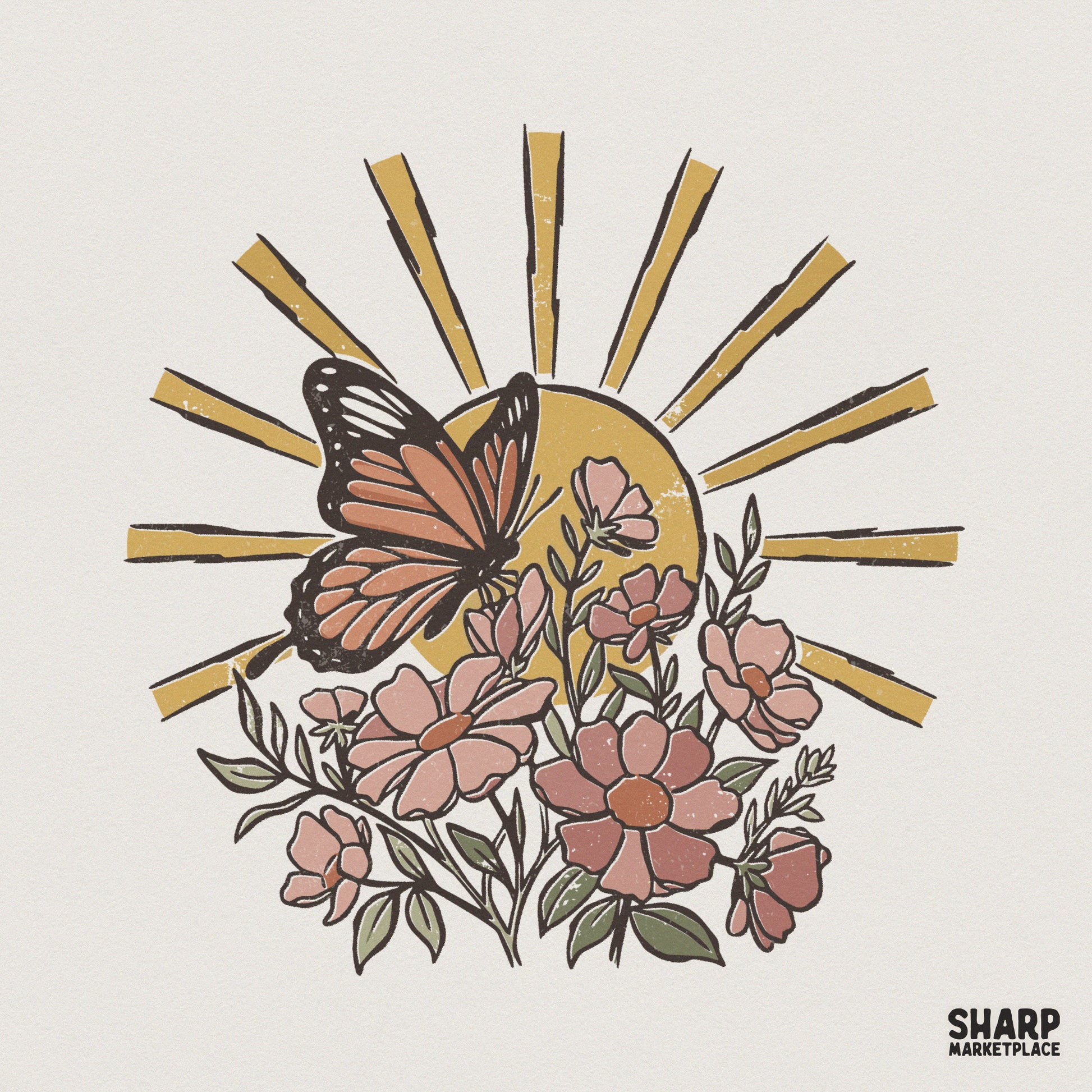Retro boho butterfly and wildflower garden illustration with a distressed yellow sun, perfect for sublimation and custom apparel printing.
