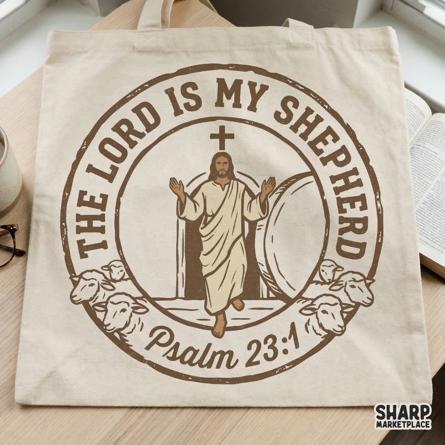 Distressed circular religious design with Jesus, sheep, and the scripture The Lord Is My Shepherd Psalm 23:1 for DIY faith-themed projects.