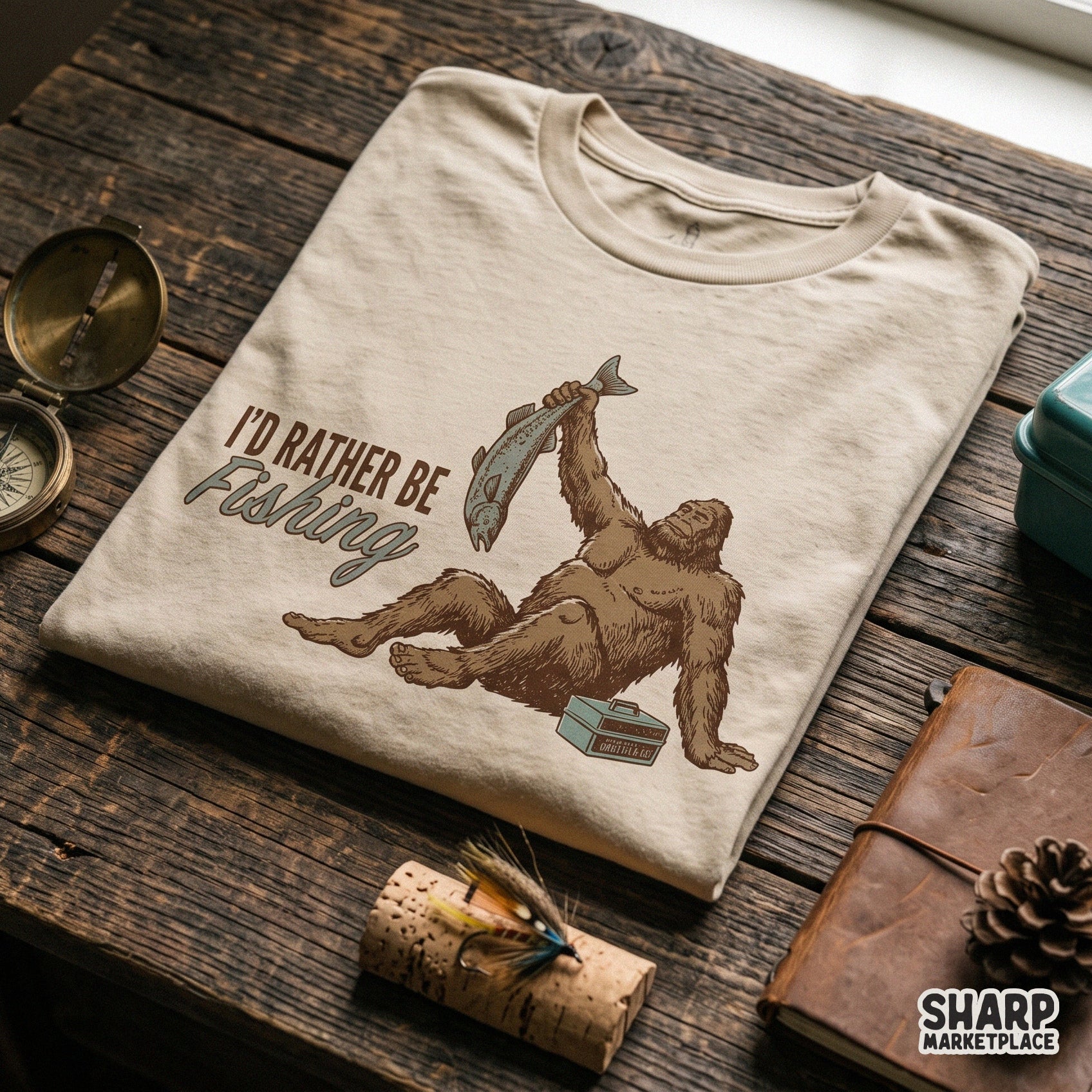Funny Bigfoot Sasquatch fishing graphic in a retro western style for lake life sublimation and Father's Day apparel shirts