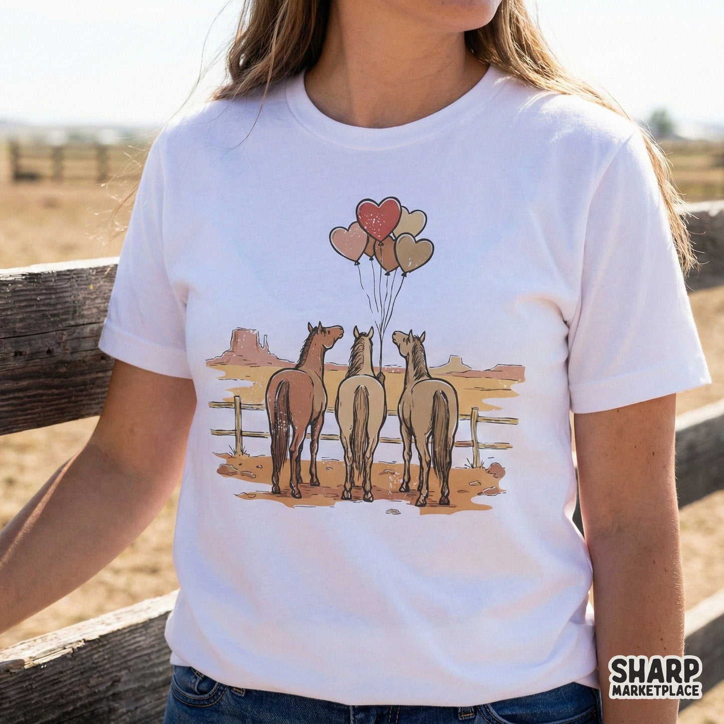 Western Horses With Heart Balloons PNG, Cute Cowboy Decor - 300 DPI