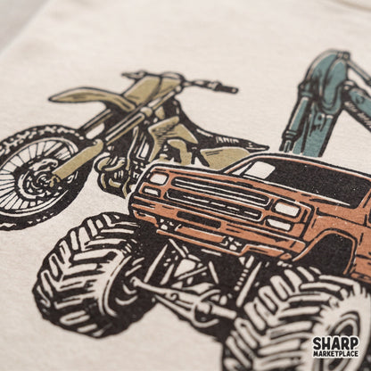 Vintage retro heavy equipment graphic artwork featuring a lifted monster truck for t-shirt sublimation png designs