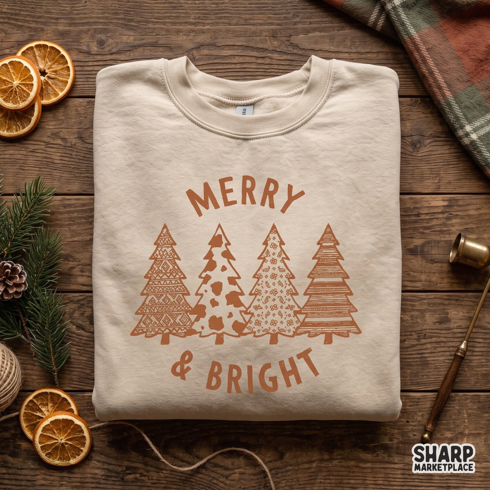 Merry and bright boho winter trees in a western cow print coquette aesthetic retro Christmas png design for sublimation shirts