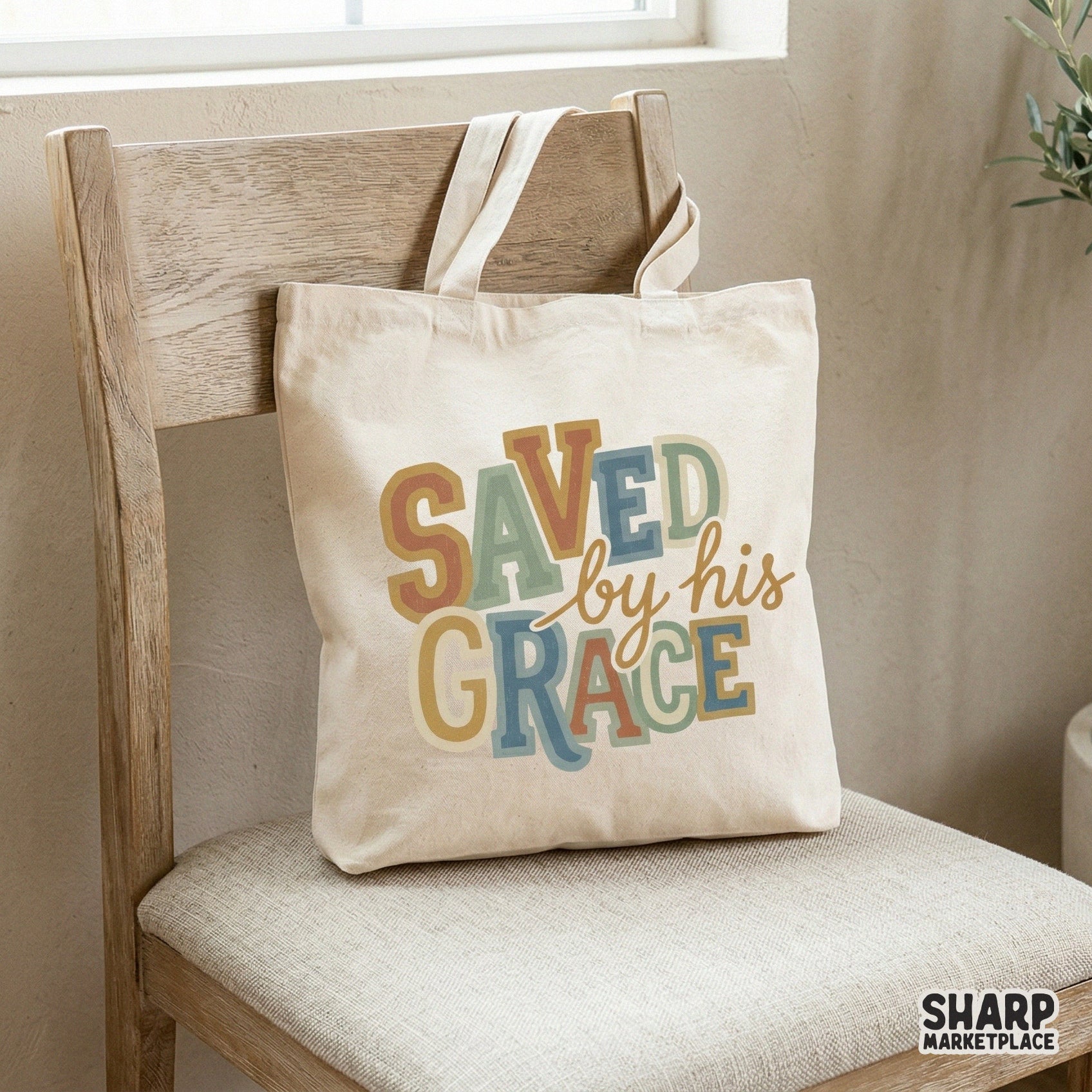 Inspirational religious quote design featuring Saved by his grace in trendy retro colors and fonts, suitable for stickers, tumblers, and wall art.