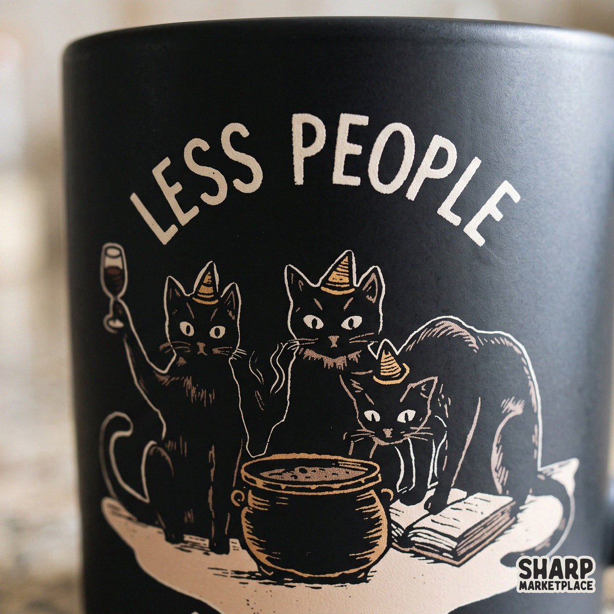 Funny witch cats brewing potion retro Halloween PNG design with Less People More Cats text for spooky season shirts