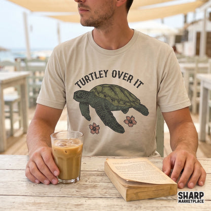 Funny turtley over it sea turtle pun design with retro hibiscus flowers for summer sublimation shirt graphics