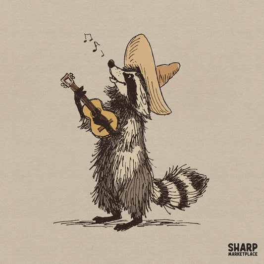 Hand-drawn sketch of a raccoon wearing a sombrero and playing a small guitar, featuring musical notes for western or country music apparel designs.