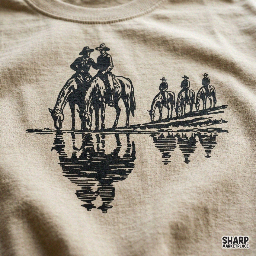 Vintage monochrome woodcut design of cowboys on horseback in water for western shirt sublimation PNG