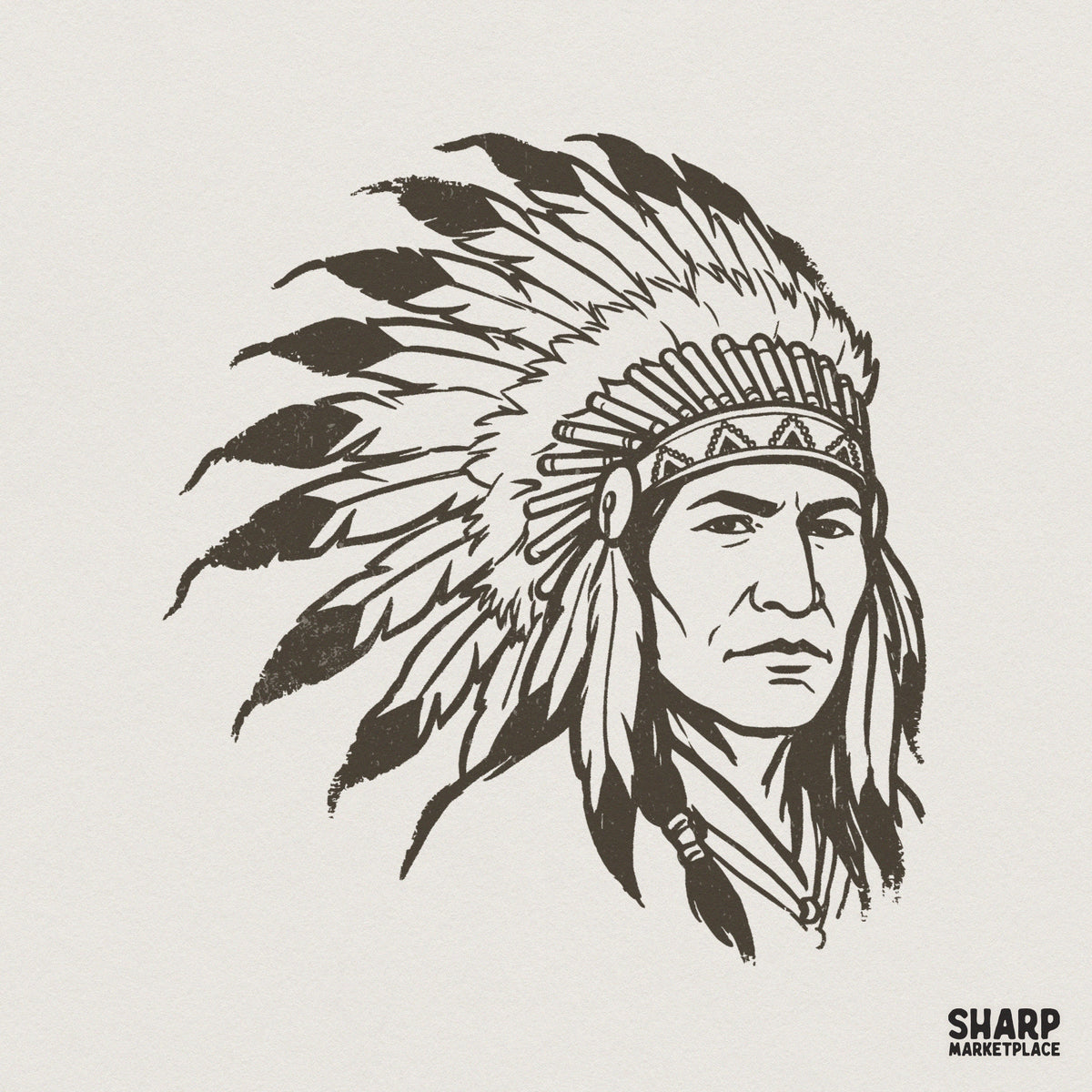 Detailed monochromatic illustration of a Native American chief wearing a traditional feathered headdress in a vintage, distressed style for digital projects.