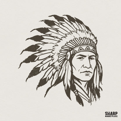 Detailed monochromatic illustration of a Native American chief wearing a traditional feathered headdress in a vintage, distressed style for digital projects.